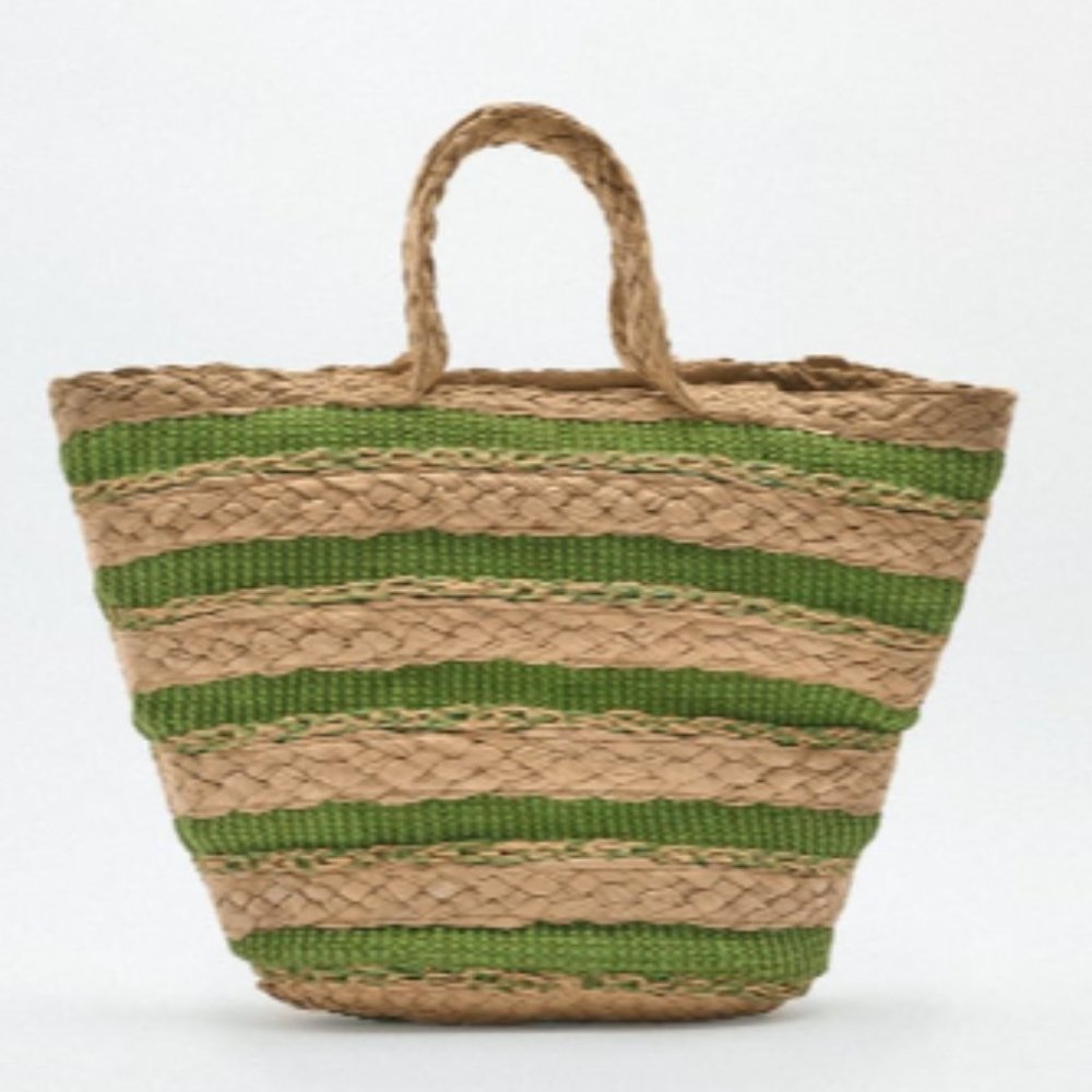 Zara green tan striped basket tote 10.8 x 17.1 x 4.9